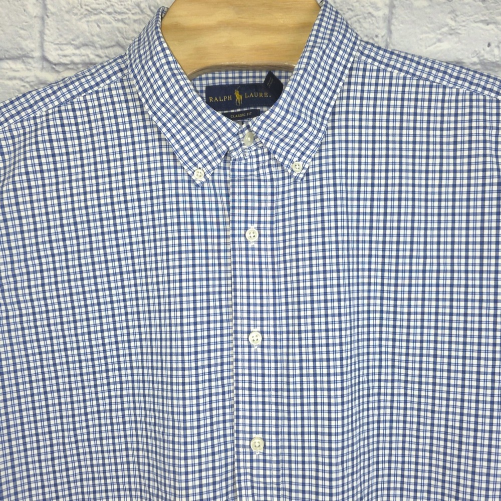 Ralph Lauren Men Classic Fit Gingham Button Down Shirt Blue White 2XLT Tall Read